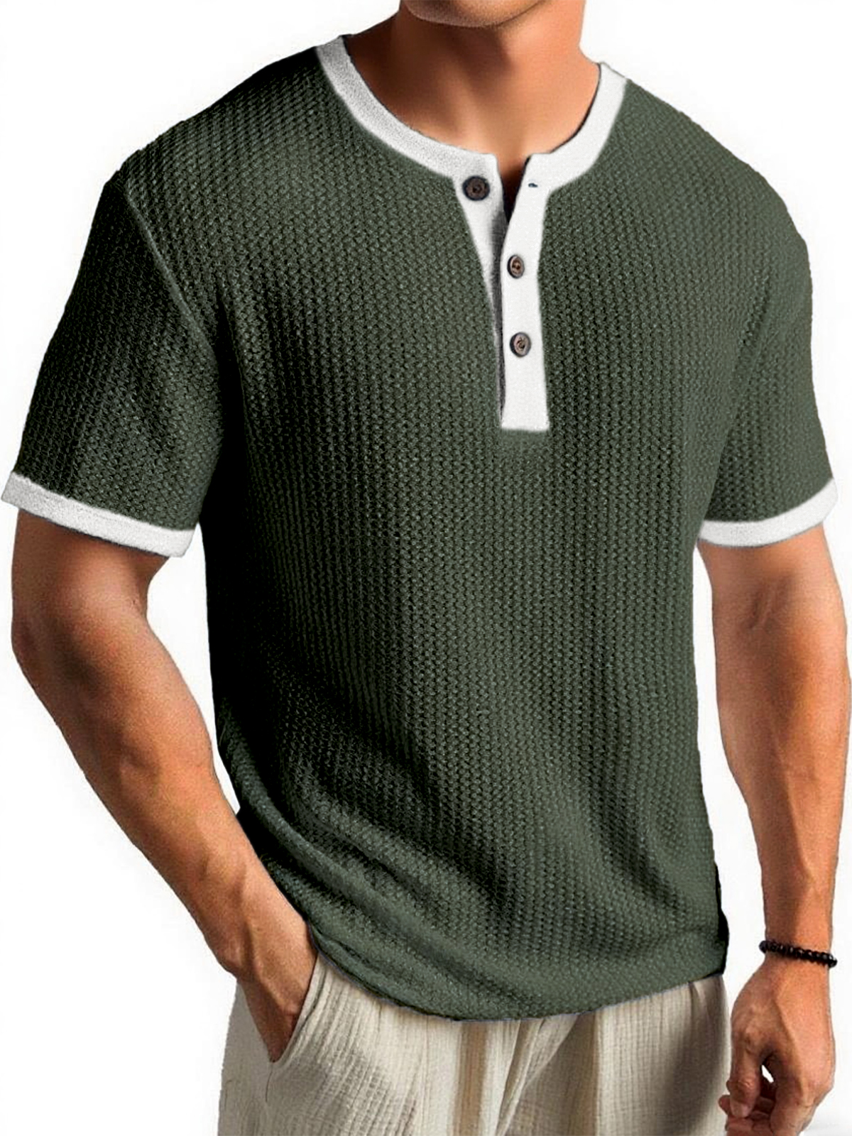 Men's Waffle Color-Block Urban Casual Daily Short-Sleeve Henley Shirt Top