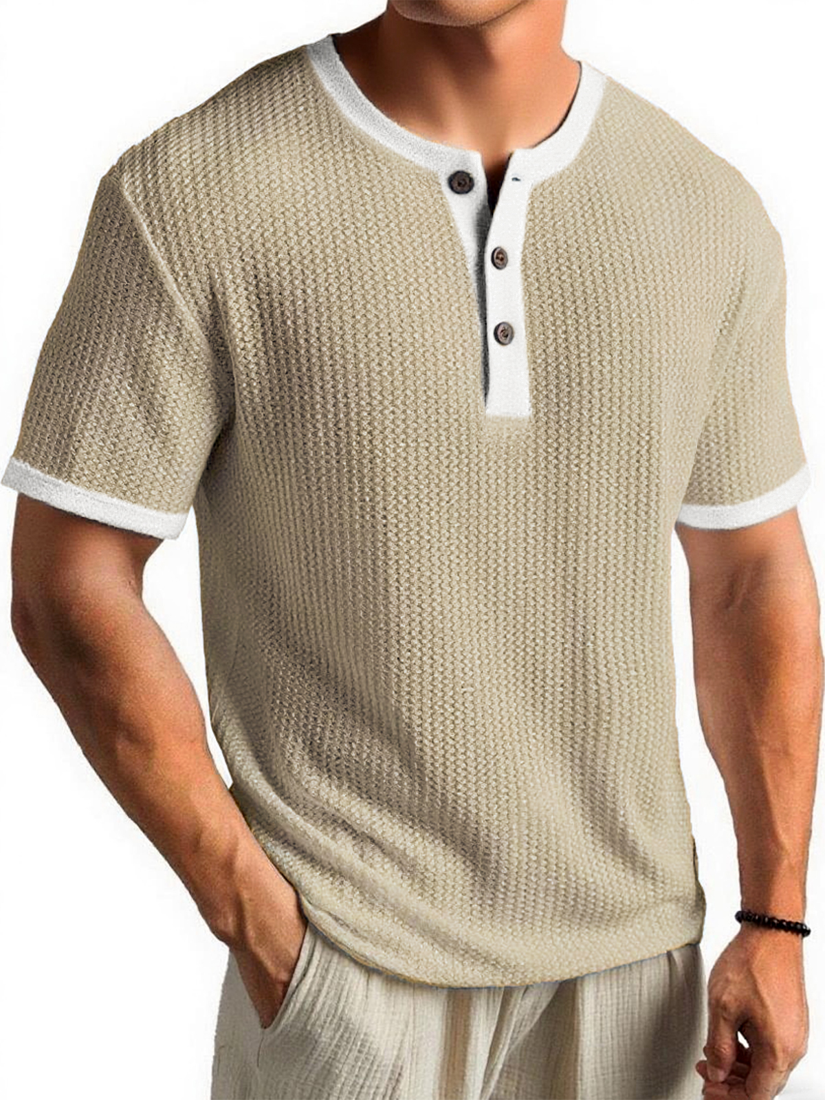 Men's Waffle Color-Block Urban Casual Daily Short-Sleeve Henley Shirt Top