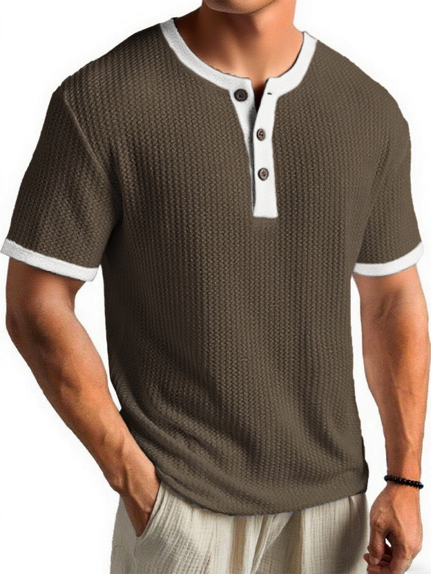 Men's Waffle Color-Block Urban Casual Daily Short-Sleeve Henley Shirt Top