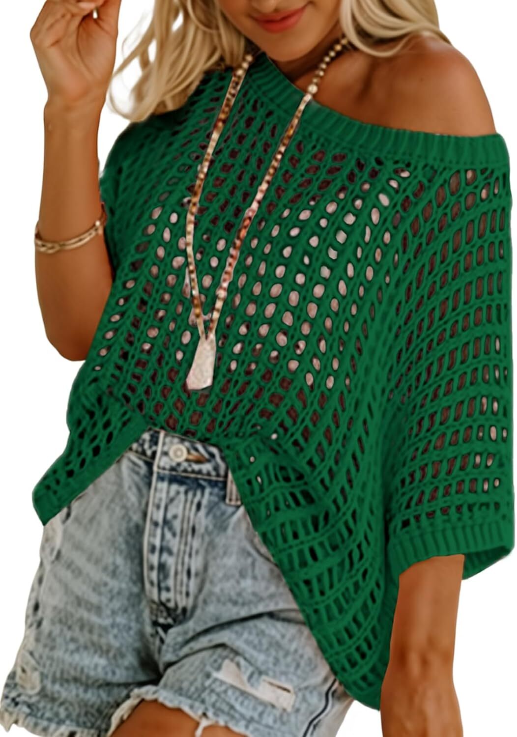 Womens Summer Scoop Neck Short Sleeve Sweater Casual Crochet Hollow Out Knit Tops Pullover Shirts Beach Coverup
