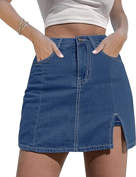 🔥Skorts Skirts for Women Denim Mini Skirt Side Slit with High Waisted Jean Shorts Stretchy