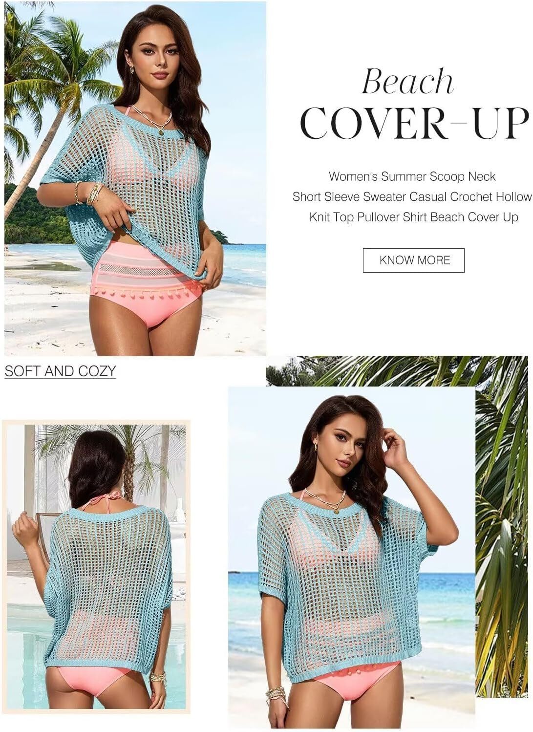 Womens Summer Scoop Neck Short Sleeve Sweater Casual Crochet Hollow Out Knit Tops Pullover Shirts Beach Coverup