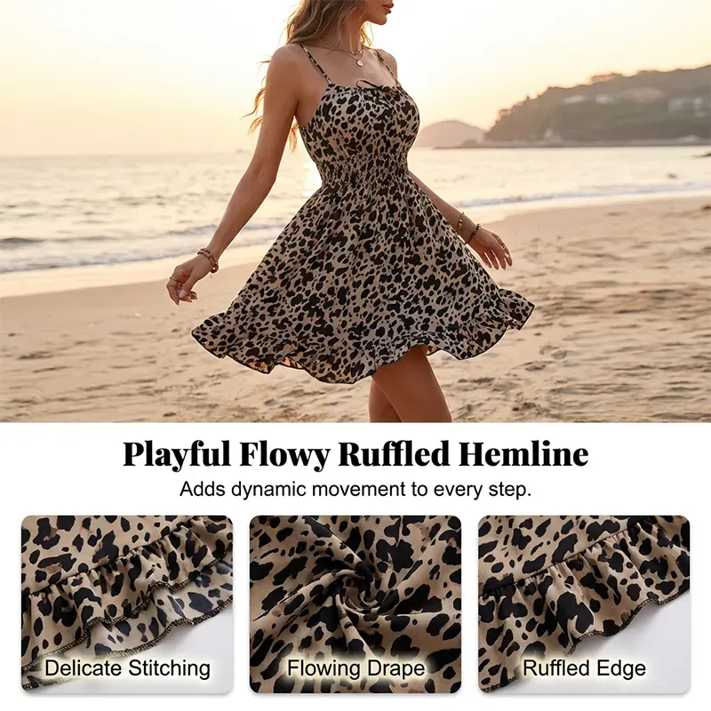 📢📢90% OFF !! ⏰ Tie-Front Smocked Dress – Spaghetti Straps, Ruffle Hem, Flattering Smocked Bodice 🌸