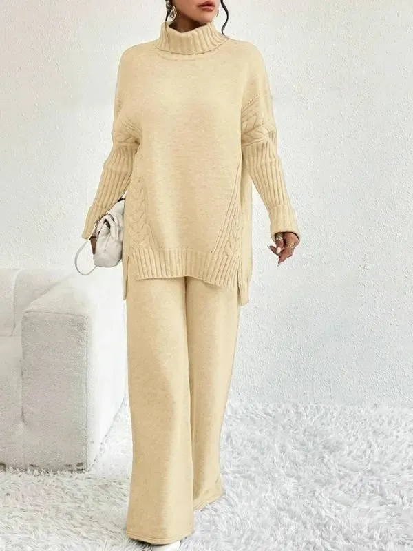 Two-Piece Set Women's Textured Split High Low Hem Sweater & Wide Leg Knitting Pants