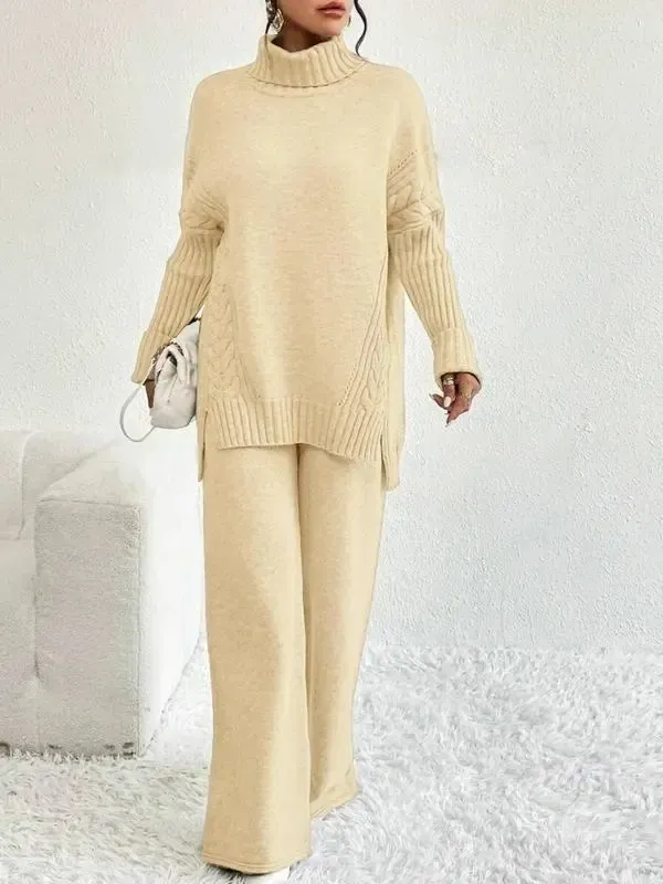 Two-Piece Set Women's Textured Split High Low Hem Sweater & Wide Leg Knitting Pants
