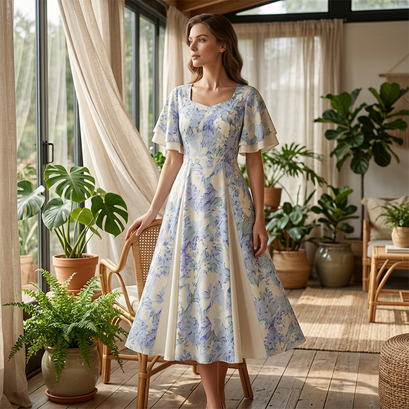 📢📢90% OFF !! ⏰Ethereal Flutter Sleeve Fit-and-Flare Dress