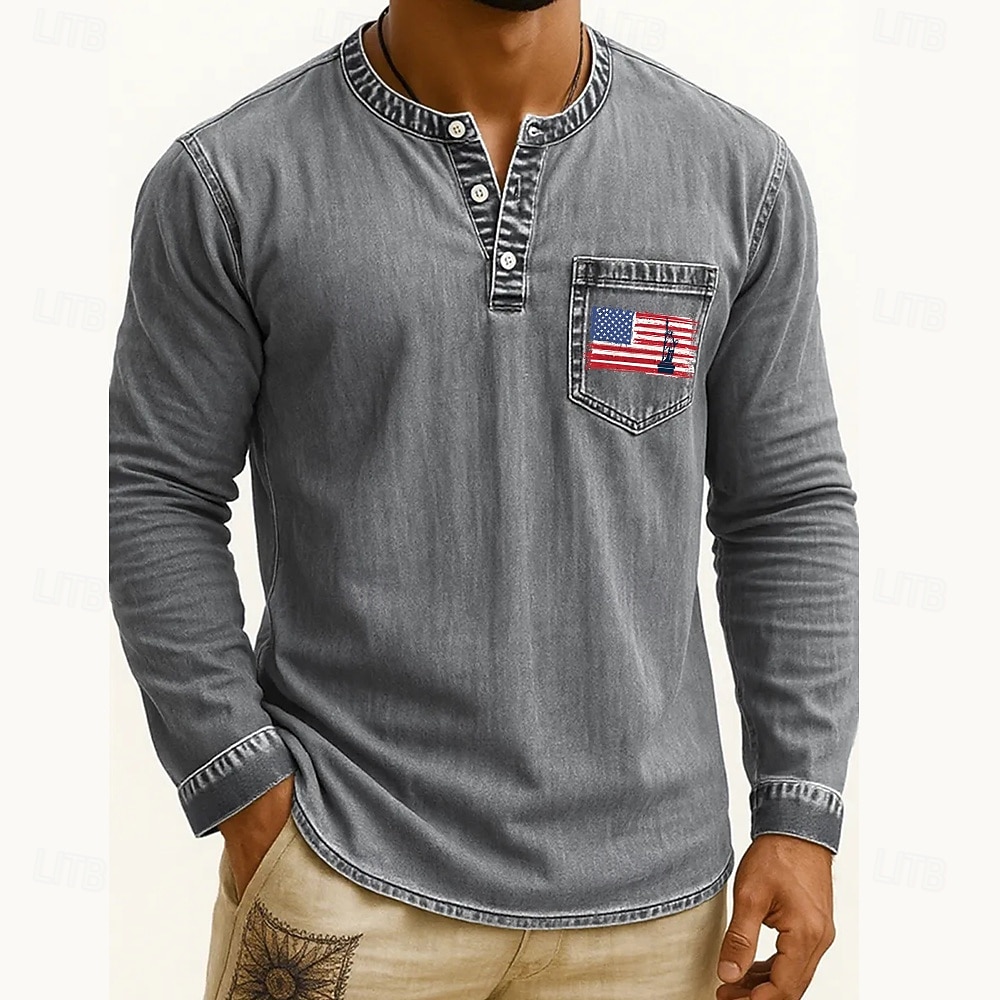 Men's Henley Shirt Tee Tee Top Long Sleeve Shirt Long Sleeve Henley Fall Winter Flag Retro Fashion Designer Fashion Vintage Vacation Street Going out Dark Brown Navy Black Top Tee for Men 2025 - $35.99 –P6