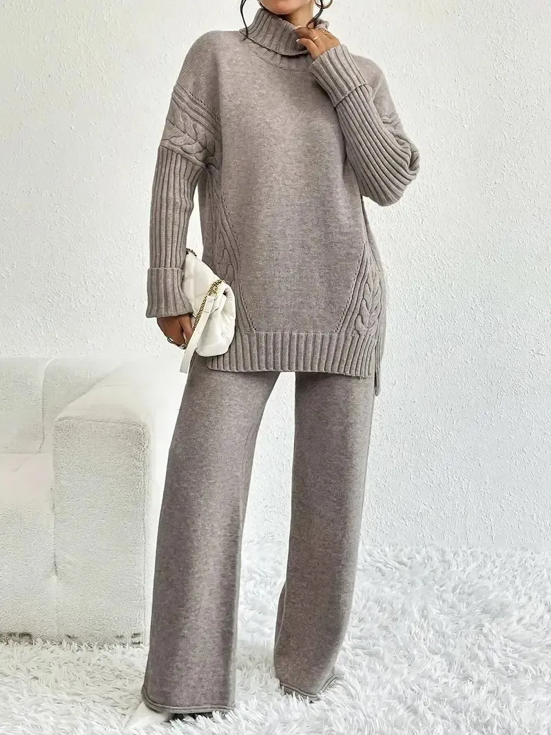 Two-Piece Set Women's Textured Split High Low Hem Sweater & Wide Leg Knitting Pants