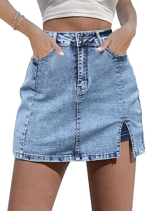🔥Skorts Skirts for Women Denim Mini Skirt Side Slit with High Waisted Jean Shorts Stretchy
