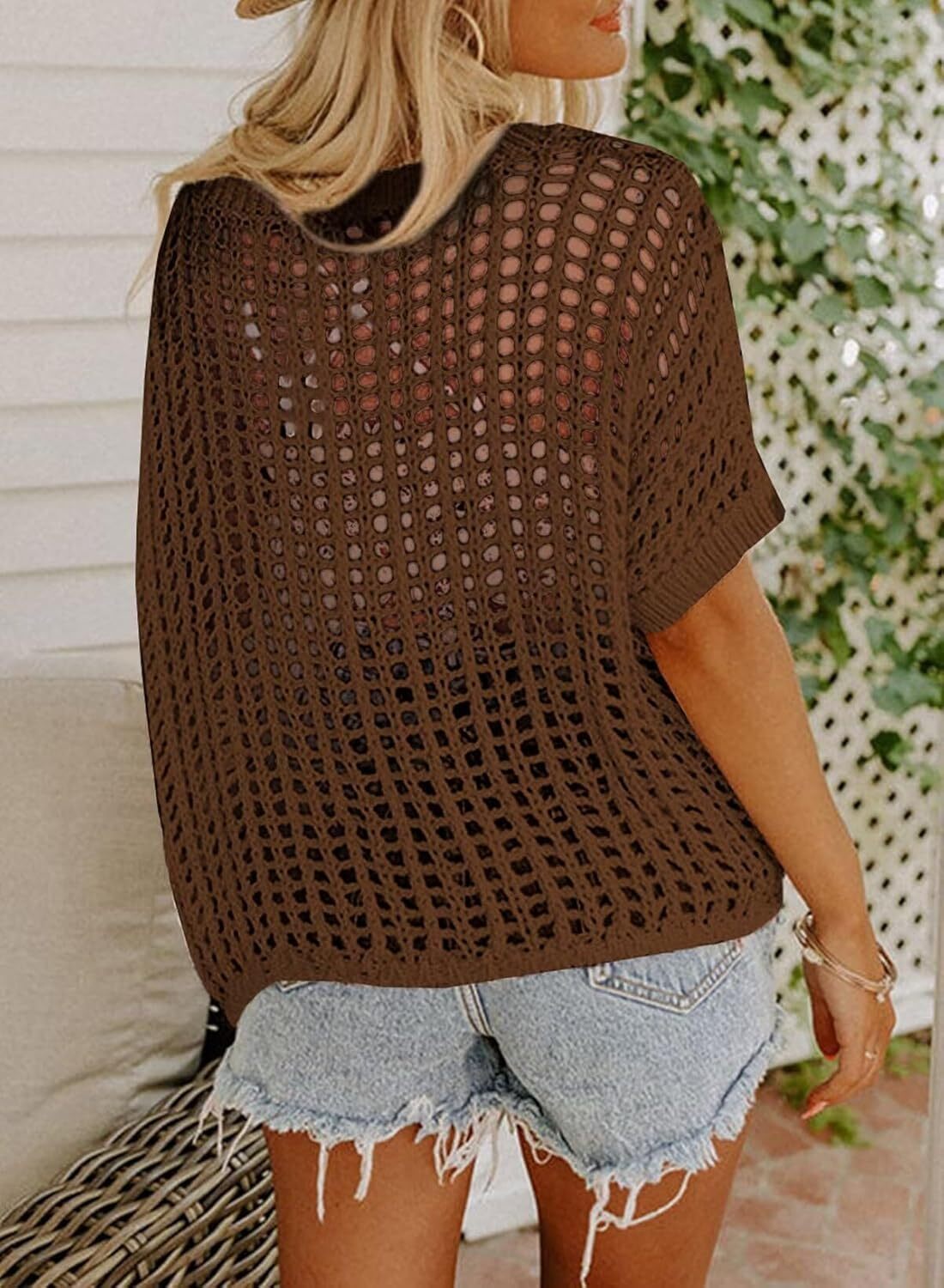 Womens Summer Scoop Neck Short Sleeve Sweater Casual Crochet Hollow Out Knit Tops Pullover Shirts Beach Coverup