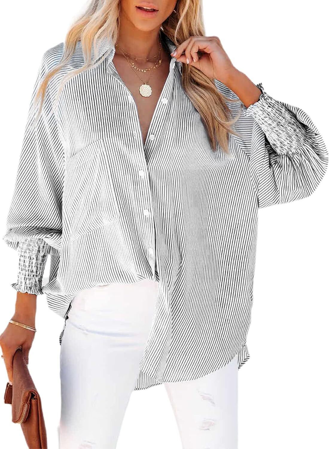 Women's Smocked Cuffed Striped Boyfriend Shirt with Pocket Casual Collar Long Sleeve Blouse Tops for Pocket Shirred