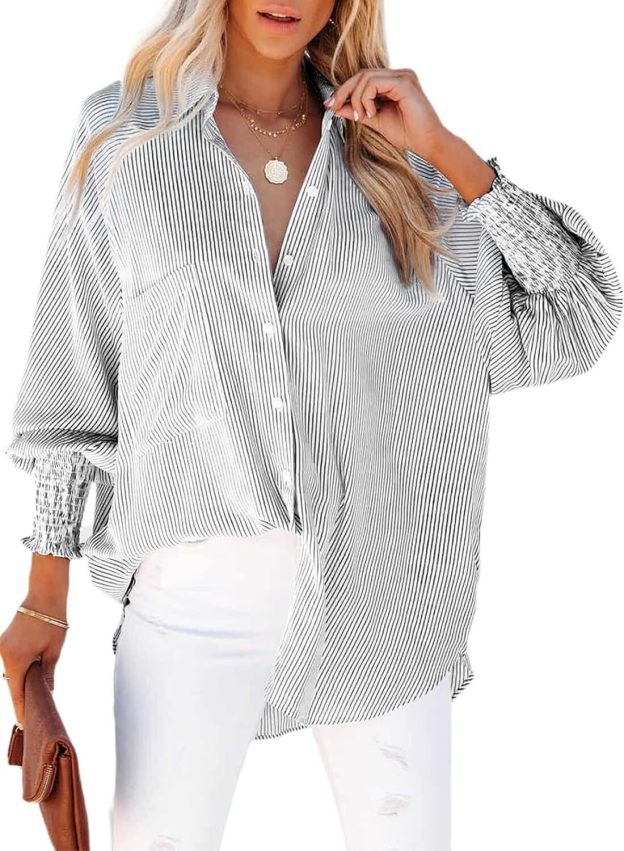 Women's Smocked Cuffed Striped Boyfriend Shirt with Pocket Casual Collar Long Sleeve Blouse Tops for Pocket Shirred