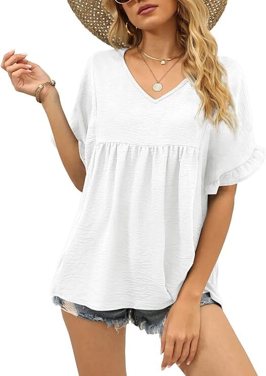 Womens Tops Casual V Neck Ruffle Sleeve T Shirts Babydoll Loose Fit Peplum Tops