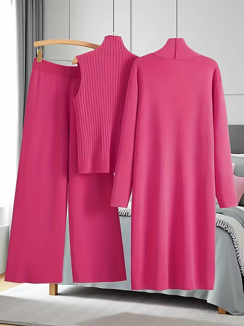 New Autumn And Winter Women'S Loose Set, Including Long Wide-leg Pants, A Shawl Cardigan, And A High-neck Vest Sweater, A Fashionable Three-piece Set.