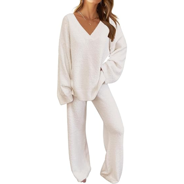 Women's 2 Piece Outfits Fuzzy Fleece Pajama Set Long Sleeve Top Wide Leg Pants Loungewear