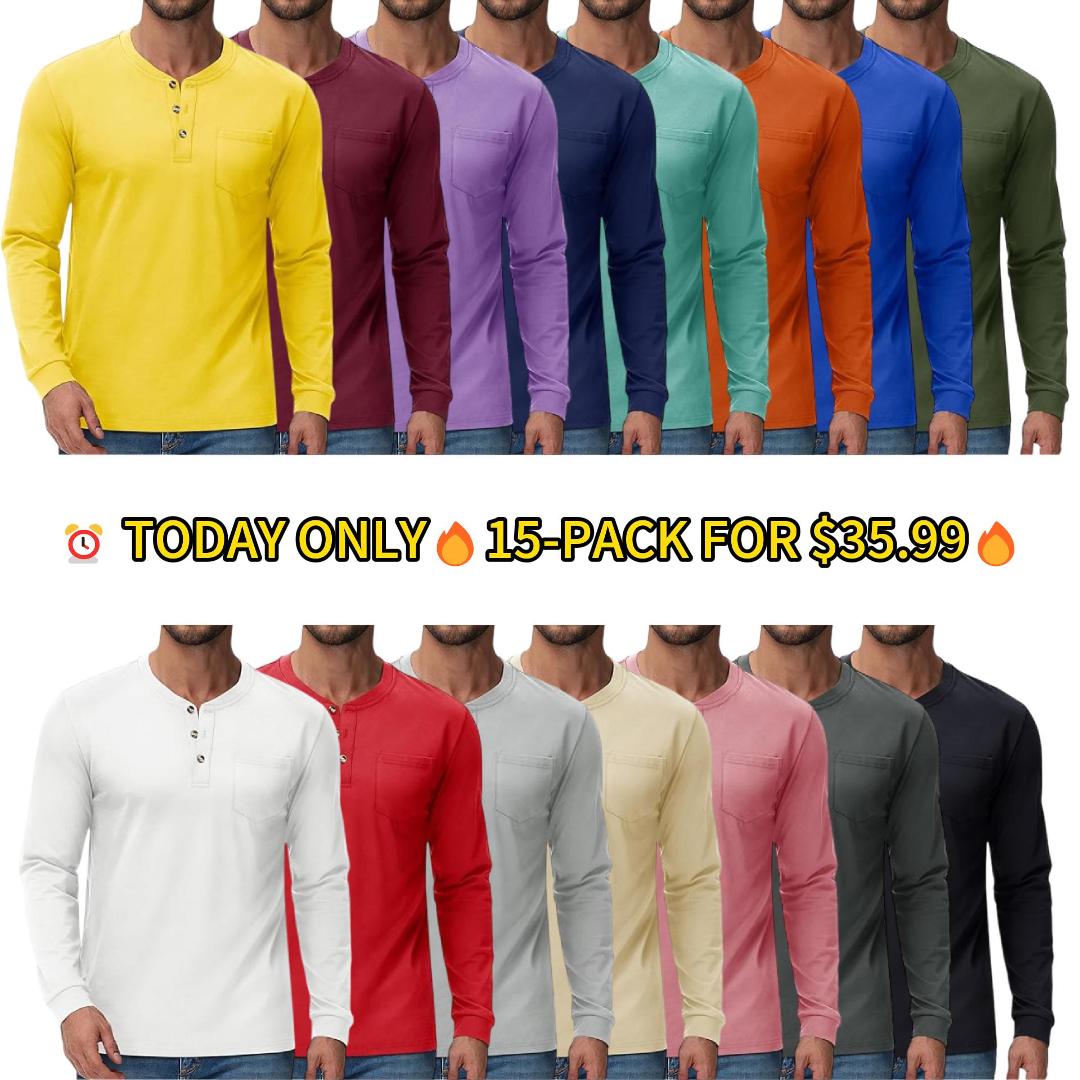 💫Clearance Sale-🔥12 PAIRS-$32.86⚡Men's Henley Collar Long Sleeve Cotton Pocket T-Shirt