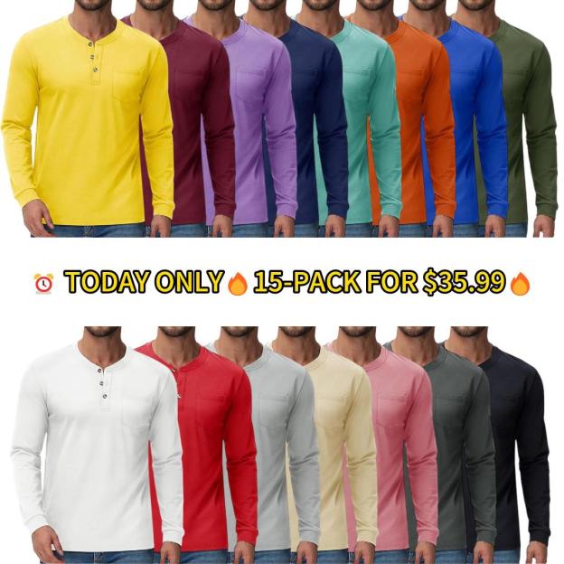 💫Clearance Sale-🔥12 PAIRS-$32.86⚡Men's Henley Collar Long Sleeve Cotton Pocket T-Shirt