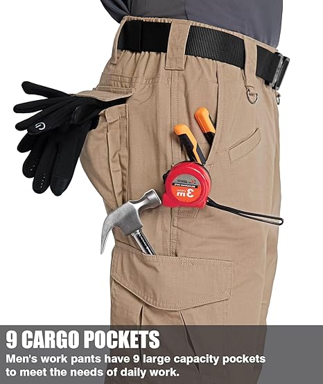 Men's Tactical Pants 9 Pockets Ripstop Water Repellent Cargo Pants Plain Casual Fitted Trousers Menswear for Work Hiking Hunting FallFreshness Outdoorfun