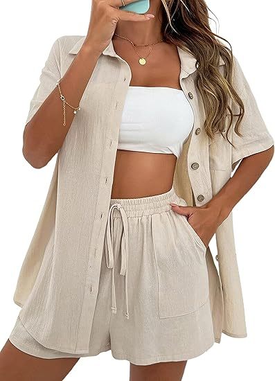 Women Summer Cotton Linen Short Sets 2 Piece Shorts Top Lounge Beach Vacation Two Piece Outfits Tracksuits