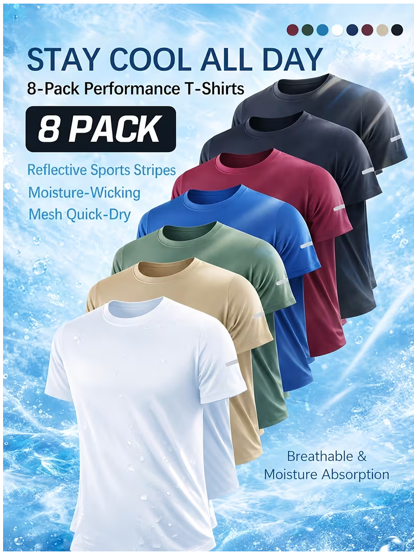Men's 8-Piece Set: Quick-Drying, Breathable, Cooling Mesh Sports T-Shirts