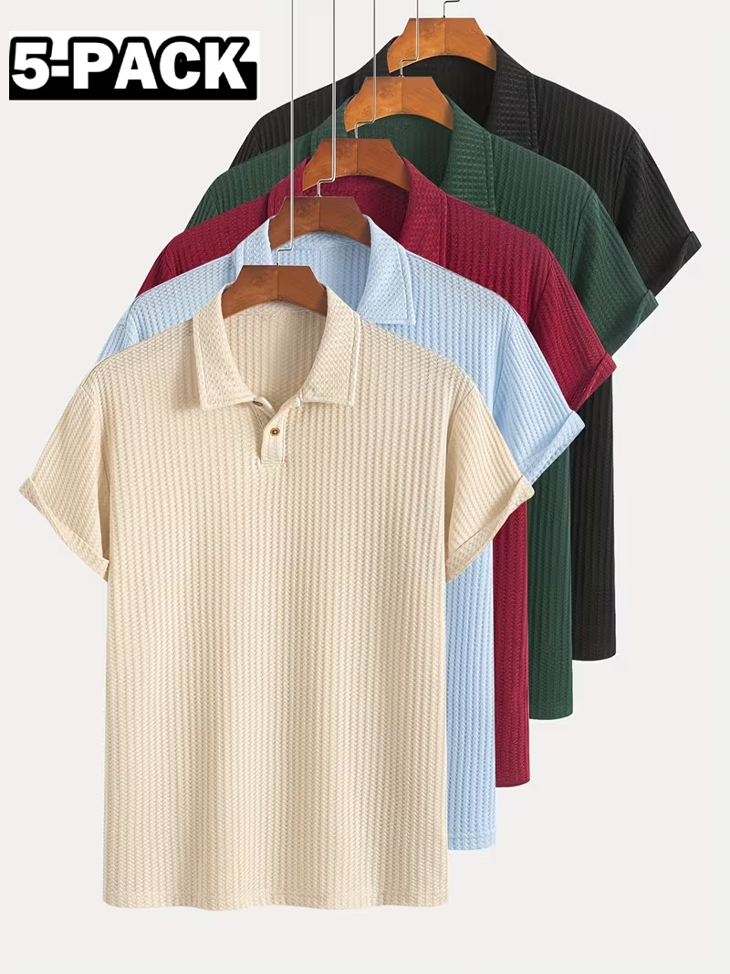 5-Piece Summer Casual Athletic Jacquard Knit Short-Sleeve Polo Shirt Set (Includes 5 Items)
