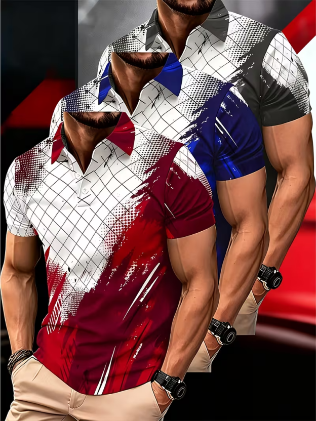 (3-Piece Value Set) Men's Short-Sleeve Polo Shirt with 3D Geometric Digital Print