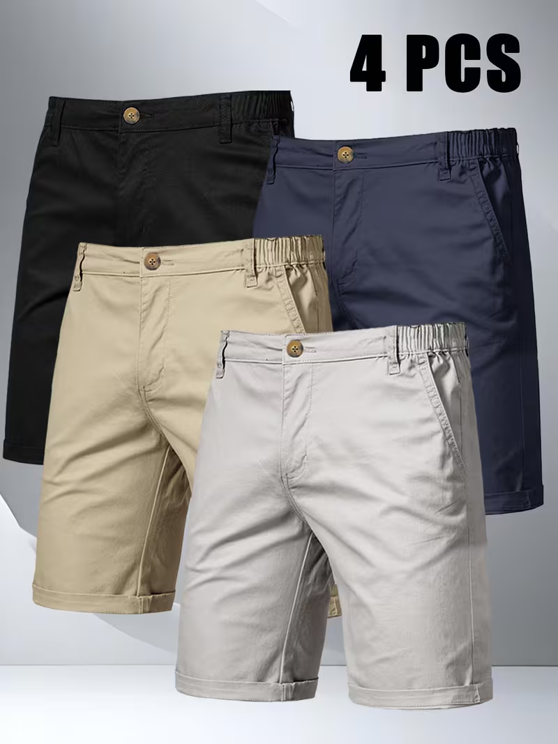 4pcs Men'S Solid Color Casual Straight Shorts