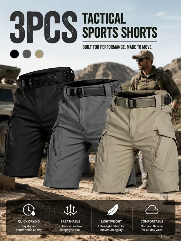 (3-Piece Set)Men's Summer Outdoor Hiking & Mountaineering Quick-Dry Tactical Shorts 