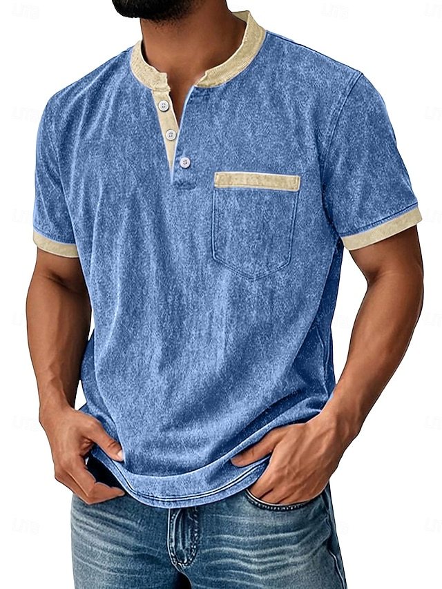 Men's Retro Color-Block Casual Short-Sleeve Henley T-Shirt