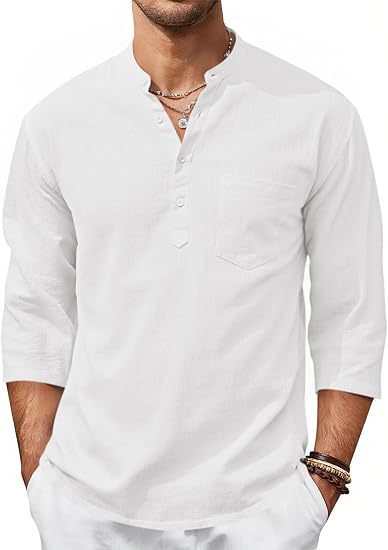 Men’s Lightweight Linen Henley Shirt –  3/4 Sleeve Casual Top with Pocket  