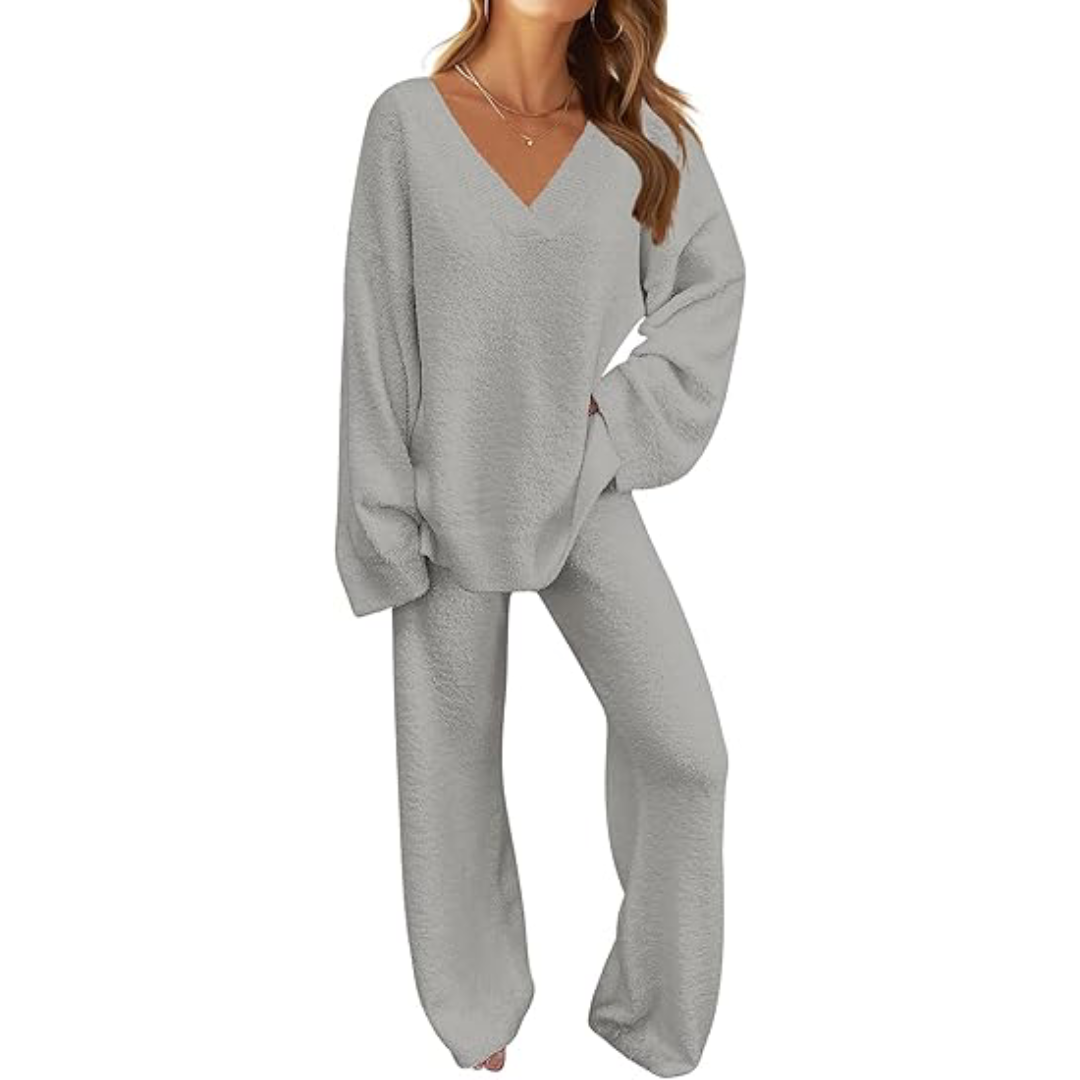 Women's 2 Piece Outfits Fuzzy Fleece Pajama Set Long Sleeve Top Wide Leg Pants Loungewear