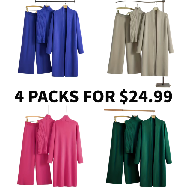 New Autumn And Winter Women'S Loose Set, Including Long Wide-leg Pants, A Shawl Cardigan, And A High-neck Vest Sweater, A Fashionable Three-piece Set.