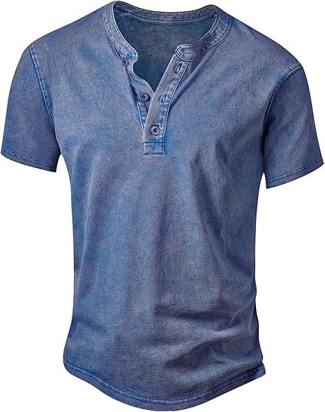 Men’s Vintage Acid-Wash Henley T-Shirt – 100% Cotton