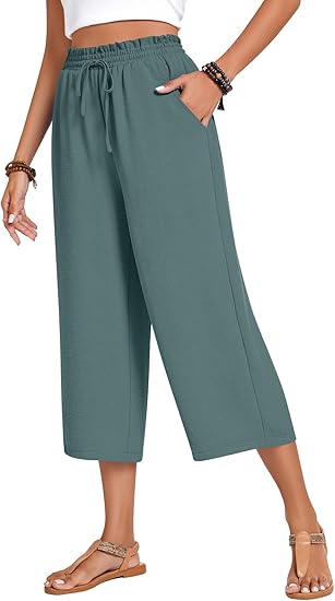 Women’s high-waisted wide-leg casual cropped pants with adjustable drawstring and pockets