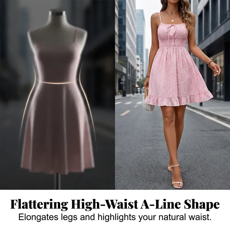 📢📢90% OFF !! ⏰ Tie-Front Smocked Dress – Spaghetti Straps, Ruffle Hem, Flattering Smocked Bodice 🌸