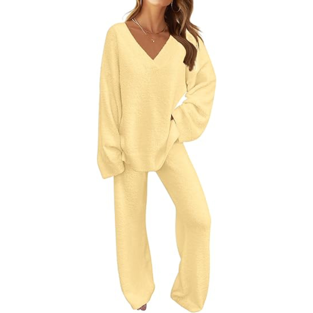 Women's 2 Piece Outfits Fuzzy Fleece Pajama Set Long Sleeve Top Wide Leg Pants Loungewear
