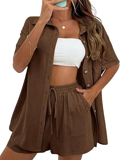 Women Summer Cotton Linen Short Sets 2 Piece Shorts Top Lounge Beach Vacation Two Piece Outfits Tracksuits