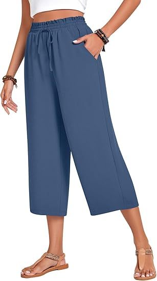 Women’s high-waisted wide-leg casual cropped pants with adjustable drawstring and pockets
