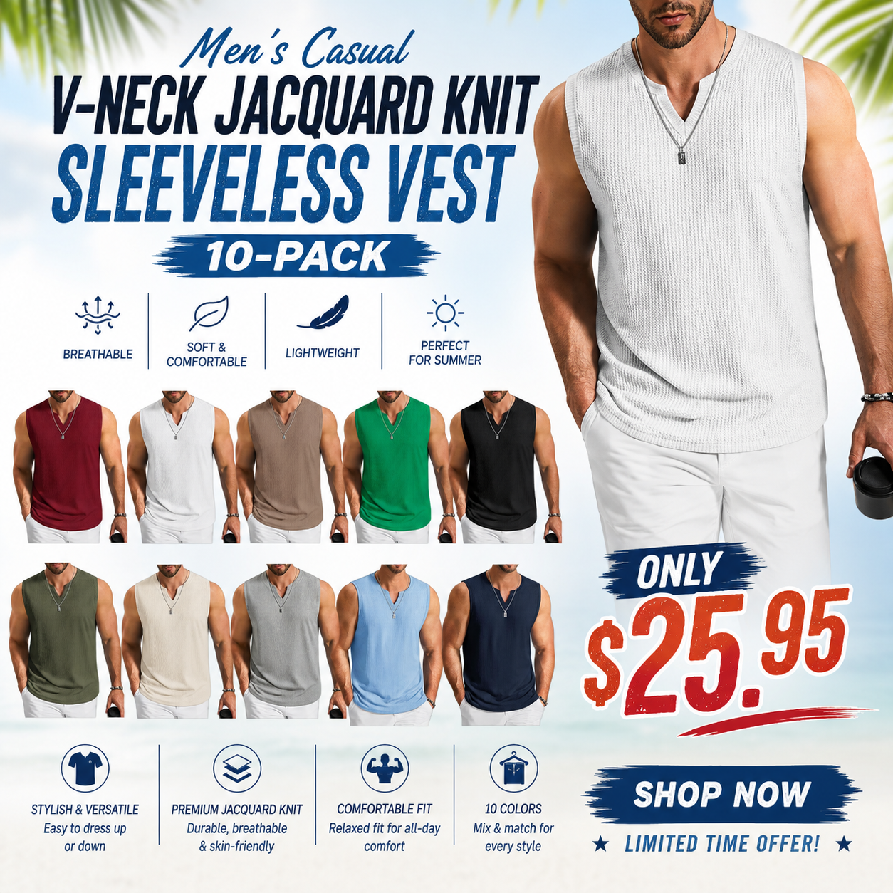 Men's Casual V-Neck Jacquard Knit Sleeveless Vest