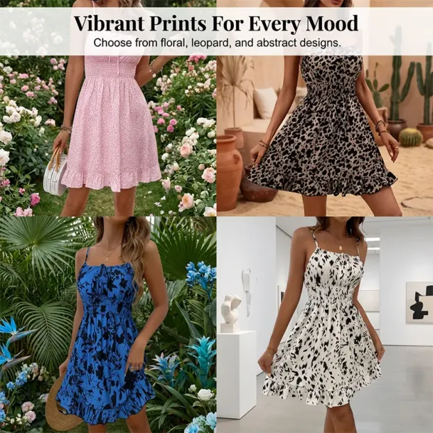 📢📢90% OFF !! ⏰ Tie-Front Smocked Dress – Spaghetti Straps, Ruffle Hem, Flattering Smocked Bodice 🌸