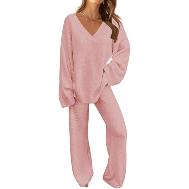 Women's 2 Piece Outfits Fuzzy Fleece Pajama Set Long Sleeve Top Wide Leg Pants Loungewear