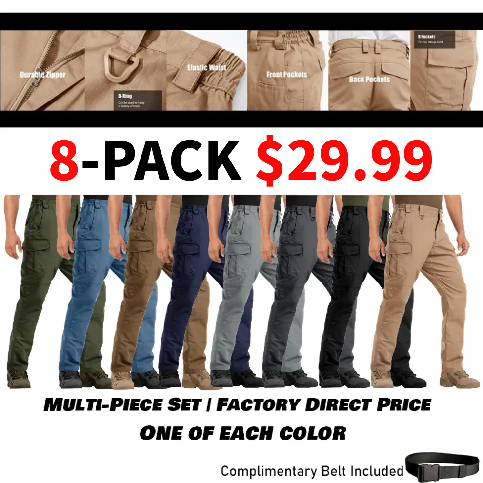 8-PACK Men's 9-pocket ripstop waterproof solid color cargo pants, suitable for work, hiking, hunting and other outdoor activities.