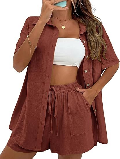 Women Summer Cotton Linen Short Sets 2 Piece Shorts Top Lounge Beach Vacation Two Piece Outfits Tracksuits