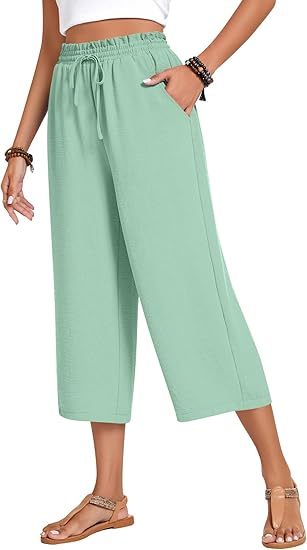 Women’s high-waisted wide-leg casual cropped pants with adjustable drawstring and pockets