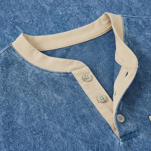 Men's Retro Color-Block Casual Short-Sleeve Henley T-Shirt