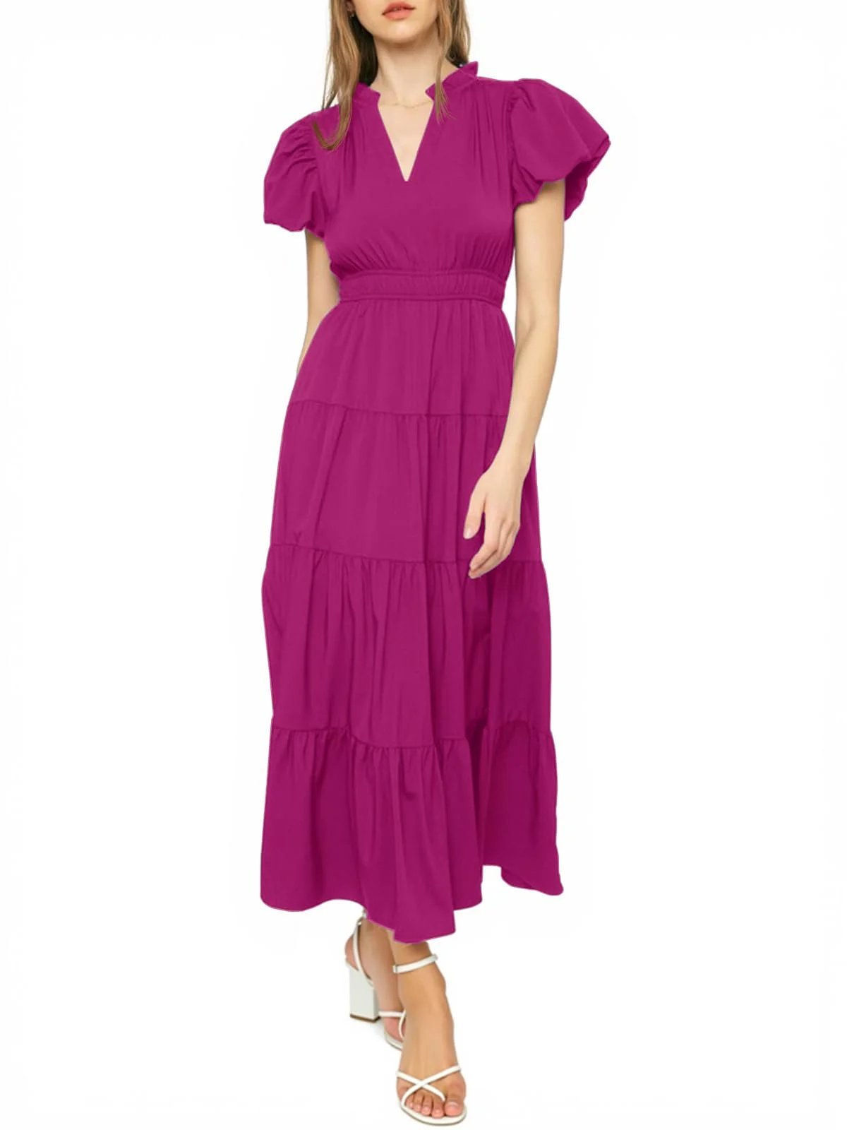 ⏰Hot Sale 90% OFF🎉Puff Short Sleeve V Neck Flowy Tiered Beach A-Line Dresses