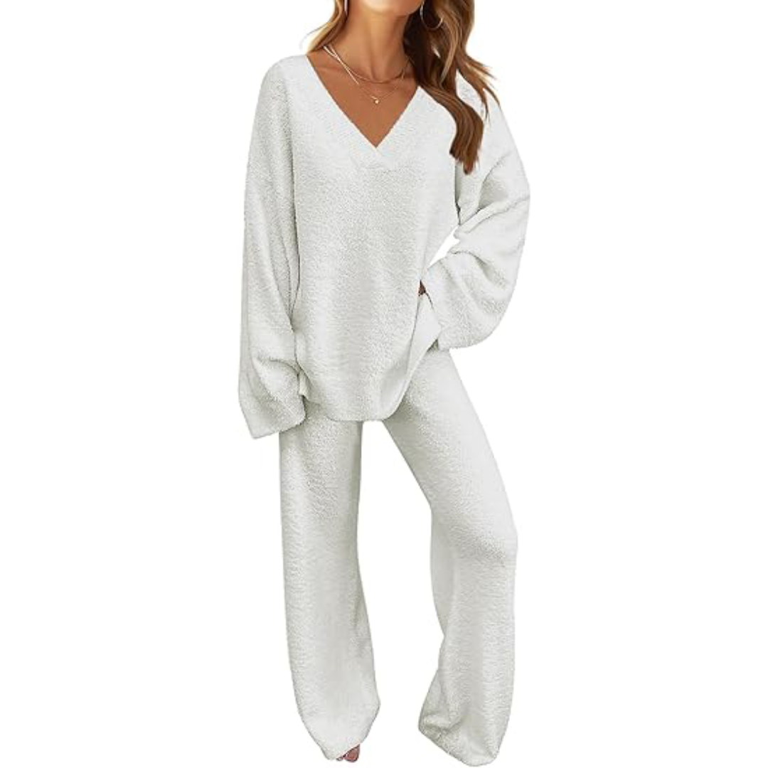 Women's 2 Piece Outfits Fuzzy Fleece Pajama Set Long Sleeve Top Wide Leg Pants Loungewear