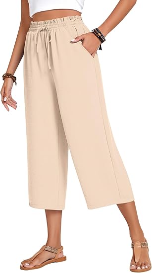 Women’s high-waisted wide-leg casual cropped pants with adjustable drawstring and pockets