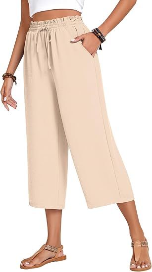 Women’s high-waisted wide-leg casual cropped pants with adjustable drawstring and pockets