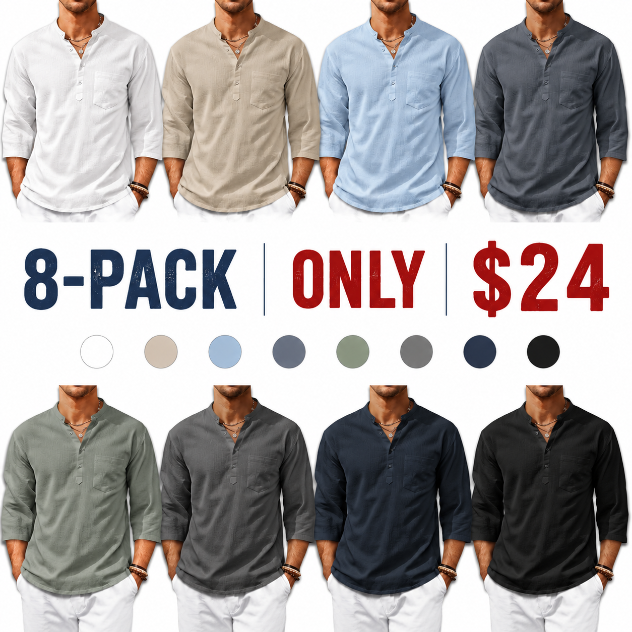 Men’s Lightweight Linen Henley Shirt –  3/4 Sleeve Casual Top with Pocket  